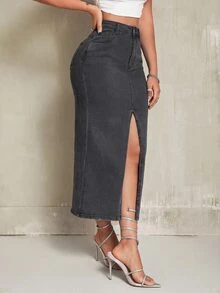 SHEIN SXY 女款休閒百搭牛仔裙，附口袋與開衩設計 - 灰色 - 查看 6