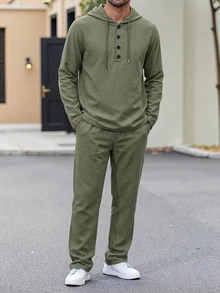 DAZY Spring/Autumn Military Green Hooded Pullover Button Half-Zip Elastic Waist Pants Men's Hoodie Set - Army Green - View 1