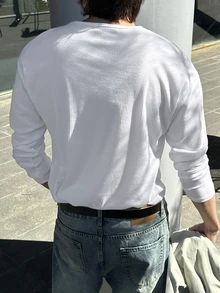 DAZY 春秋款純白色羅紋圓領微鬆版型男士T恤 - 白色 - 查看 2