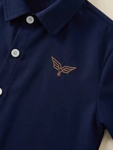 SHEIN 男孩童夏季秋季休閒百搭學院風白色襯衫 開學季時尚校服上衣 正式襯衫 - 藏蓝色 - 查看 6