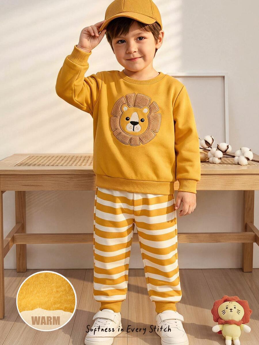 Cozy Pixies Young Boys Casual Comfortable Versatile Cute Cartoon Lion Pattern Crew Neck Sweatshirt & Striped Long Pants Set - Yellow - View 1