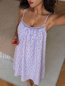 Livesso 女款碎花印花露背細肩帶睡裙 - 藍色 - 查看 3