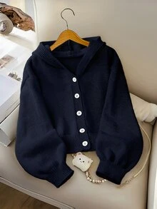 SHEIN Genkimix Kids 少女時尚休閒清新短版素色秋冬連帽針織開襟毛衣 - 藏蓝色 - 查看 1