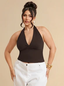 SHEIN BAE CURVE 純色極簡性感V領掛脖蝴蝶結肩帶百搭派對度假約會背心 - 咖啡棕 - 查看 5
