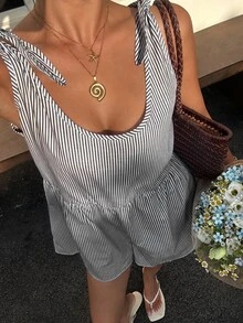 SHEIN EZwear 海軍藍與白色編織女款連身短褲 度假海灘夏季熱帶性感 - 黑與白 - 查看 5