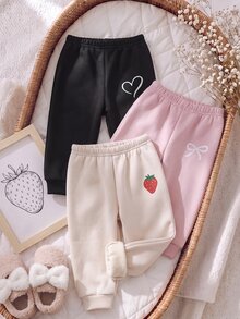 SHEIN 3件組女嬰錐形運動長褲 可愛甜美 黑粉米色 愛心蝴蝶結草莓印花 鬆緊腰 厚款 校園秋季日常穿搭 - 彩色 - 查看 4