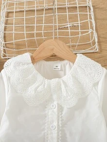 SHEIN 1件日韓風春夏/秋季薄款單件開學甜美蕾絲飾邊彼得潘領白色襯衫，寬鬆長袖通勤百搭青春內搭上衣，時尚甜美白色小襯衫，韓風女孩襯衫 - 白色 - 查看 5