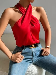 SHEIN Tall Women's Solid Color Fashion Versatile Criss-Cross Halter Neck Tank Top - Red - View 6