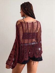 Freevana Plus Size Slash Neck Distressed Fr Halloween Going Out Club Dark Purple Autumn Sexy Business Casual - Burgundy - View 2