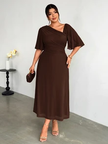 Firerie Plus Size Asymmetrical Neckline Pleated Dress - Brown - View 4