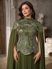Aureia Plus Size Elegant Luxurious Olive Green Sequin Embroidered Patchwork Chiffon Two Pieces Style Pleated A-Line Evening Gown, Suitable For Dinner Party, Date, Ball, Vacation, Wedding, Event, Heavy Work Evening Dress, Guest Dress - Green - View 6