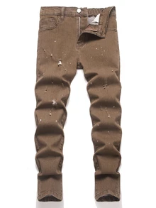 Tween Boy Fashion Casual Coffee Brown Paint-Stained Hole Distressed Stretchy Tight Jeans - Coffee Brown - View 1