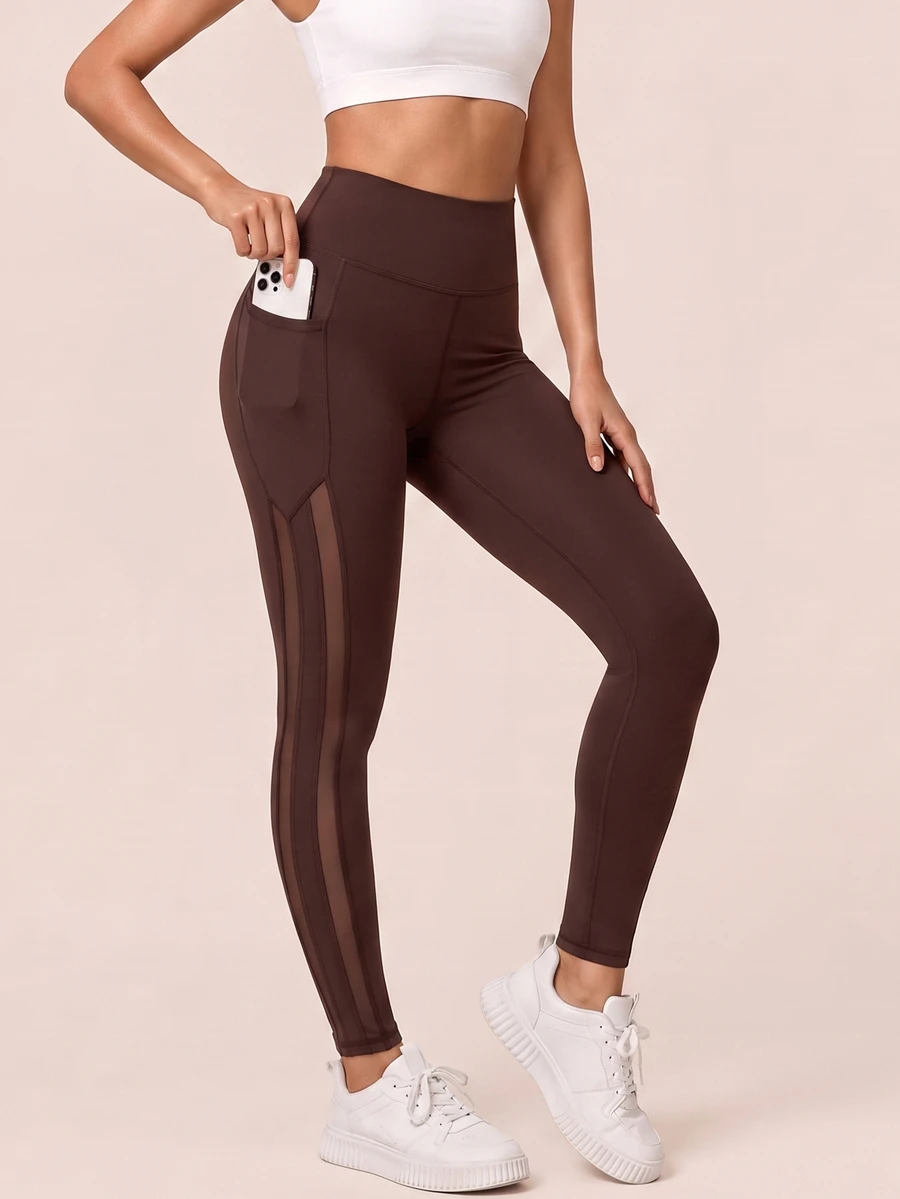 SHEIN BAE Women Dark Brown Stripe Pocket Mesh High Waist Leggings Tummy Control Gym Workout Training Running Yoga Athletic Pants - Coffee Brown - View 1