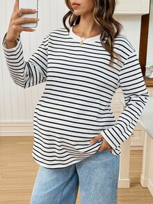 SHEIN Maternity Minimalist Sexy Casual Versatile White Colorblock Long Sleeve T-Shirt,Autumn Formal Office Formal Gender Reveal - Black and White - View 5