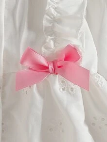 SHEIN Playful Pals 1件新生女嬰白色圓領鈕扣收腰長袖洋裝，深藍色花卉刺繡，荷葉邊裙襬，蝴蝶結裝飾，可愛休閒甜美韓風優雅洋裝，適合春秋日常穿著、外出、旅行、度假、派對等場合 - 粉色 - 查看 7