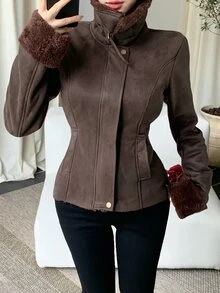 DAZY Women's Vintage Faux Suede Short Jacket With Fur Collar, Autumn/Winter - Brown - View 4