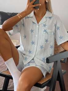 DAZY 2pcs/Set Women's Star Striped All-Over Print Loose Cardigan Short Sleeve Short Pajama Set - Blue - View 3