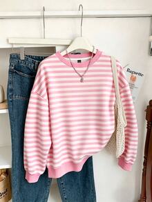 EMERY ROSE Women's Striped Print Long Sleeve Sweatshirt,Fall Casual School Back-To-School Retro Round Neck Top - Multicolor - View 3