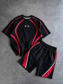 Sport MetroGents Men's Barbell Pattern Short Sleeve Top And Shorts Casual Daily Sports Set, Gym - Multicolor - View 1