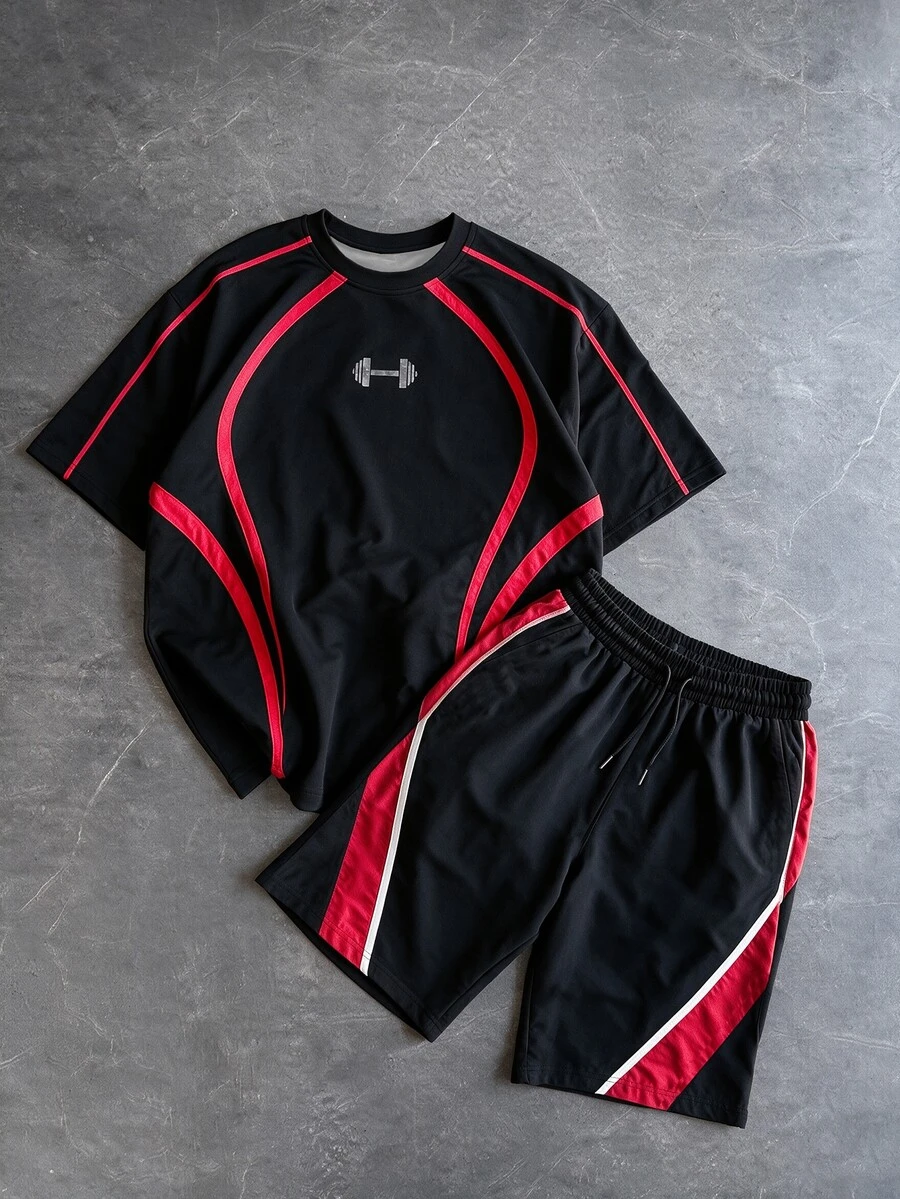Sport MetroGents Men's Barbell Pattern Short Sleeve Top And Shorts Casual Daily Sports Set, Gym - Multicolor - View 1