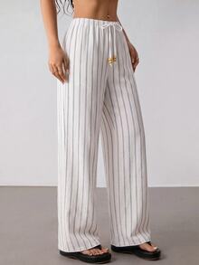 Breezaya Women's Drawstring Waist Striped Casual Versatile Cover-Up Long Pants - White - View 5
