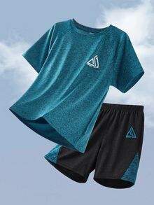 SHEIN Tween Boy Patchwork Geometric Pattern T-Shirt And Shorts 2 Pieces Sports Outfit - Blue - View 6