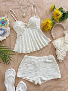 Soleia Plus Size Women Solid Color Ruched Camisole Top And Shorts Casual Daily 2 Pieces Set - White - View 1