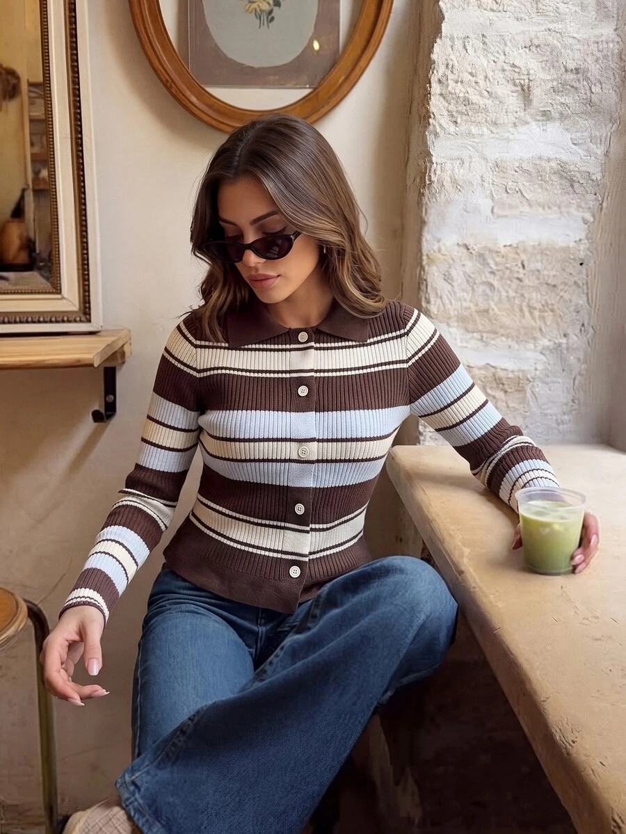 Serisse Cardigan Rajut Bergaris Elegan Premium Vintage Wanita - Coklat - View 1