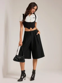 SHEIN Tall بنطلون بدلة واسع الساق بلون موحد أنيق وعملي متعدد الاستخدامات للتنقل والمكتب والأعمال، أسود، صيفي، مناسب ليوم المعلم - الأسود - مشاهدة 6