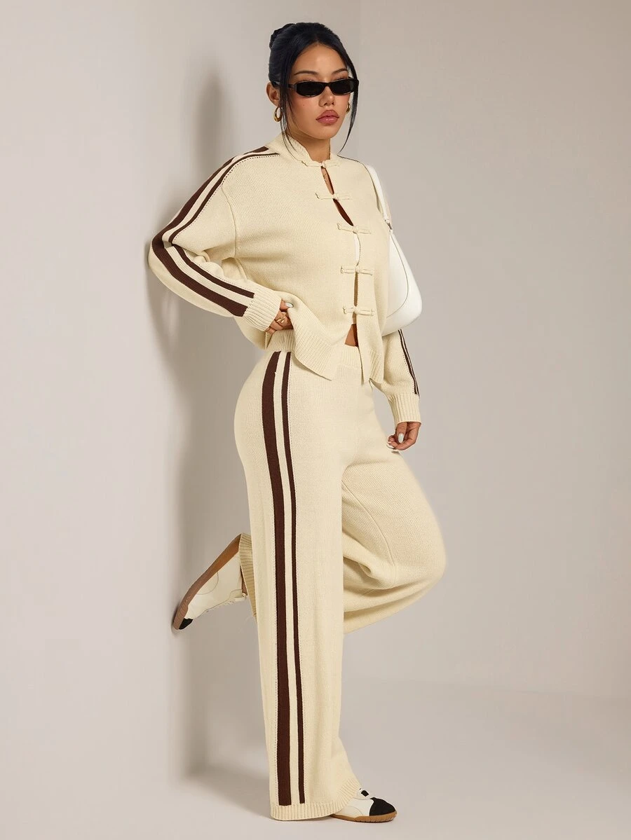 SHEIN PETITE Petites New Chinese-Style Autumn/Winter Set Featuring A Frog-Button Cardigan And Trousers - Apricot - View 1