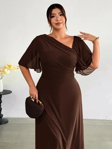 Firerie Plus Size Asymmetrical Neckline Pleated Dress - Brown - View 3