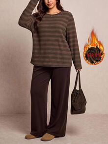 Easowa Curve Plus Size Comfortable Striped Long Sleeve Top And Pants 2 Pieces Set - Multicolor - View 8