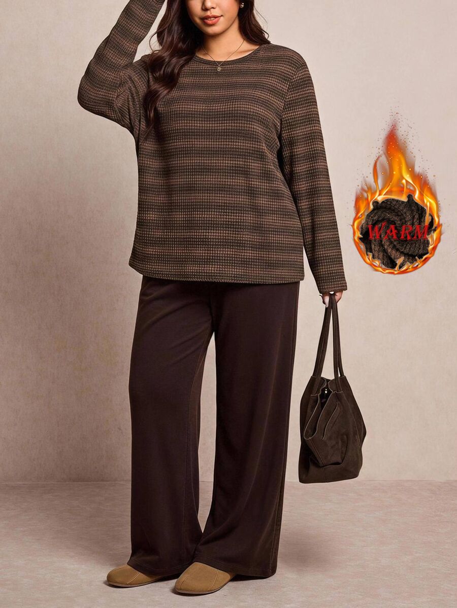 Easowa Curve Plus Size Comfortable Striped Long Sleeve Top And Pants 2 Pieces Set