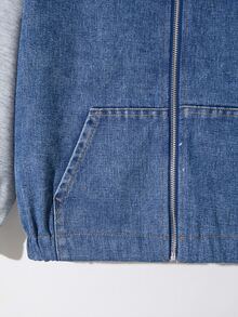 SHEIN Genkimix Kids Tween Boys' Spring,Autumn,Fall,And Winter Stylish & Comfortable Loose-Fit Color-Block Knit Zip-Up Cardigan / Loose-Fit Denim Jacket (100% Cotton) - Medium Wash - View 3