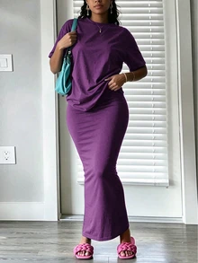 INAWLY Solva Women's Solid Color Short Sleeve Top And Skirt Casual Daily 2 Pieces Set - Purple - View 4