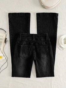 Elamini Low Waist Fashion Gothic Style Button-Front Washed Slim Fit Denim Flare Jeans - Black - View 2