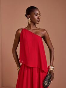 JIAN LASALA Red Chiffon One Shoulder Ruffle Hem Uneven Sleeveless Long Dress Party Vacation - Red - View 6