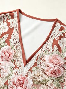 SHEIN Holidaya Autumn Elegant Vacation Long Sleeve Floral Print Women's Blouse, Suitable For Party, Gathering, Shopping, Commuting - Coral Orange - View 6