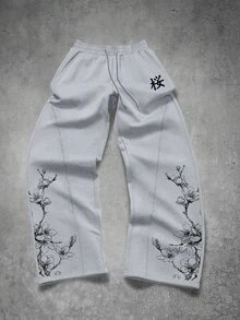 Manfinity EMRG Men's Plus Size Drawstring Waist Floral Print Pocket Sweatpants - Grey - View 4