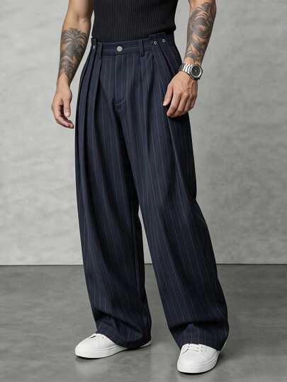 Manfinity Homme Men's Navy Blue Striped Long Pants, Loose Casual Versatile Design With Double Pleats, Wide Leg Trousers