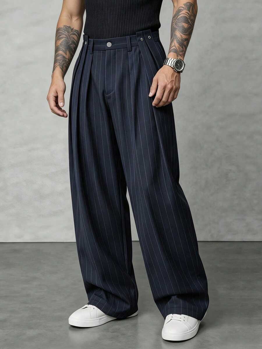 Manfinity Homme Men's Navy Blue Striped Long Pants, Loose Casual Versatile Design With Double Pleats, Wide Leg Trousers - Navy Blue - View 1