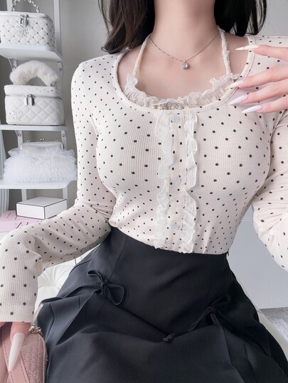 FRIFUL 女款波點印花荷葉邊單排扣掛脖T恤