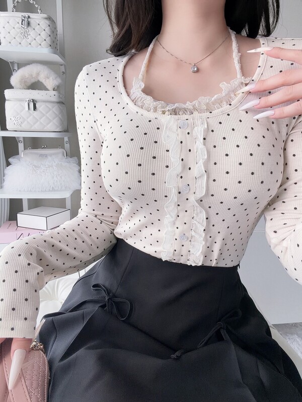 FRIFUL 女款波點印花荷葉邊單排扣掛脖T恤