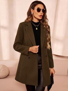 SHEIN Clasi Women's Solid Color Lapel Neck Long Sleeve Double-Breasted Casual Overcoat - Coffee Brown - View 4