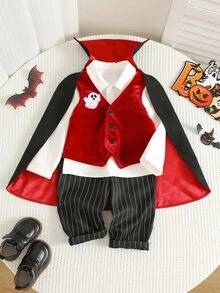 SHEIN 中性嬰兒男/女童 幼兒 3件組可愛吸血鬼套裝 秋冬多件式洋裝套裝 嬰兒服裝 德古拉伯爵服飾 萬聖節 - 酒紅色 - 查看 3