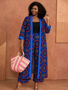 BrightlyHer Plus Size Floral Print Jacket And Loose Pants 2 Pieces Set Vacation Brunch Formal Vacation Blue And Yellow Autumn Boho Elegant Soft Form - Royal Blue - View 4