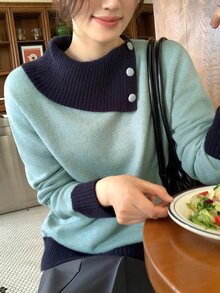 DAZY 淺藍色對比深藍色領口鈕扣裝飾寬鬆長袖休閒百搭針織毛衣 秋季 - 薄荷藍 - 查看 1
