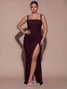 SHEIN BAE CURVE Plus Size Women Elegant Pleated Front Slit Dress For Date - Maroon - View 5