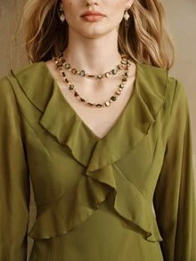 Arave Dress A-Line Maxi Chiffon V-Neck Ruffle Layered Pleated High Slit Sheer Long Sleeve Elegant Romantic Boho Olive Green Solid Holiday Date Party Autumn - Green - View 5