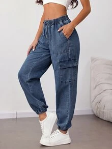 SHEIN Tall 女款腰部綁帶工裝口袋休閒錐腿牛仔褲秋季服飾 - 藍色 - 查看 6